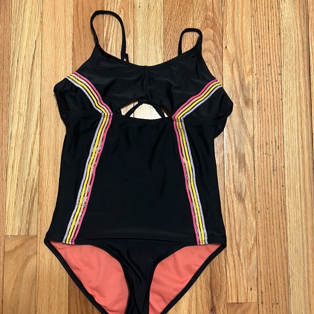Black with rainbow stripes one piece girls swimsuit